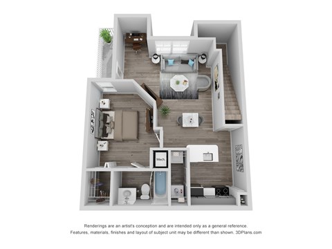 A 3D floor plan of a small apartment with a kitchen, living room, and bathroom.